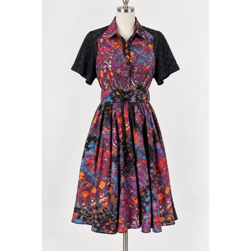 Tracy Reese Floral Lace Dress Womens S Black Multi Corset Lace Up Waist Boho NWT